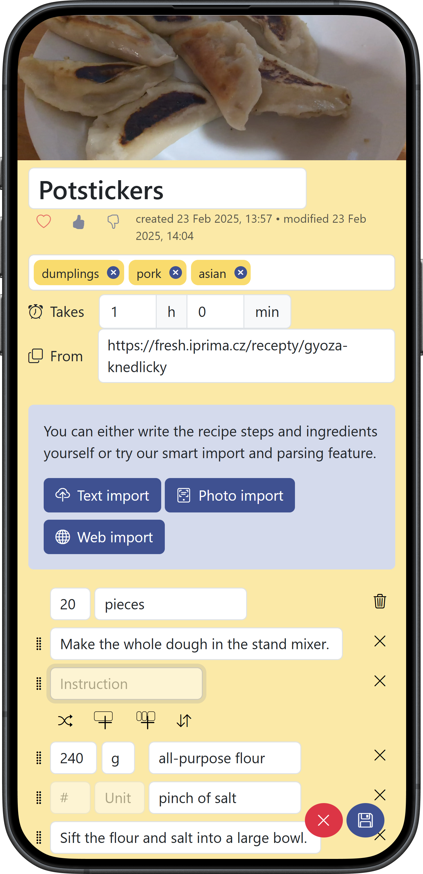 CookHub recipe edit view